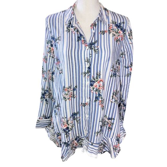 RD & Koko Tops - RD & Koko Floral Blue White Striped Linen Blouse Small
